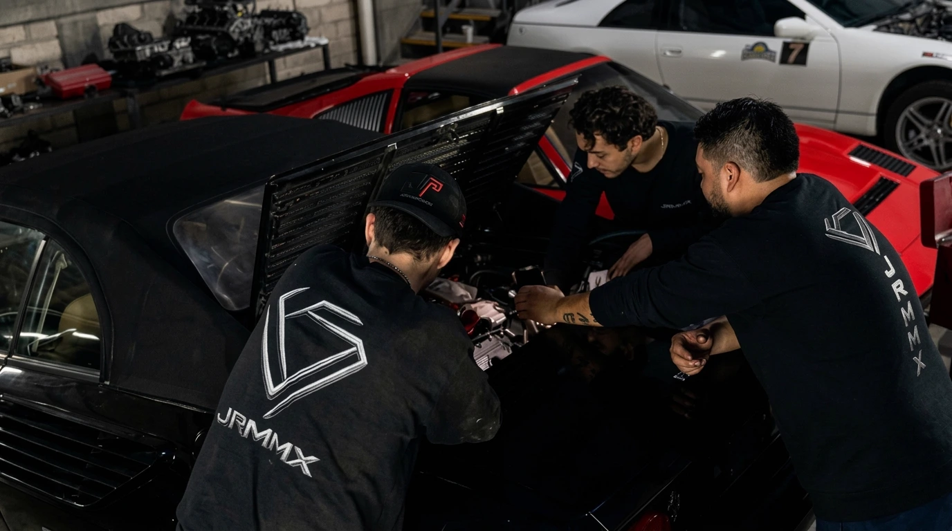Equipo de especialistas JRMMX Performance trabajando en motor de superdeportivo